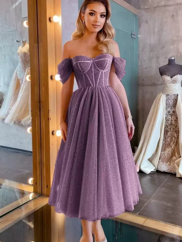 curve-hugging party dressesOff Shoulder Purple Beaded Tea Length Prom Dresses, Off the Shoulder Homecoming Dresses, Purple Formal Graduation Evening Dresses SP2740