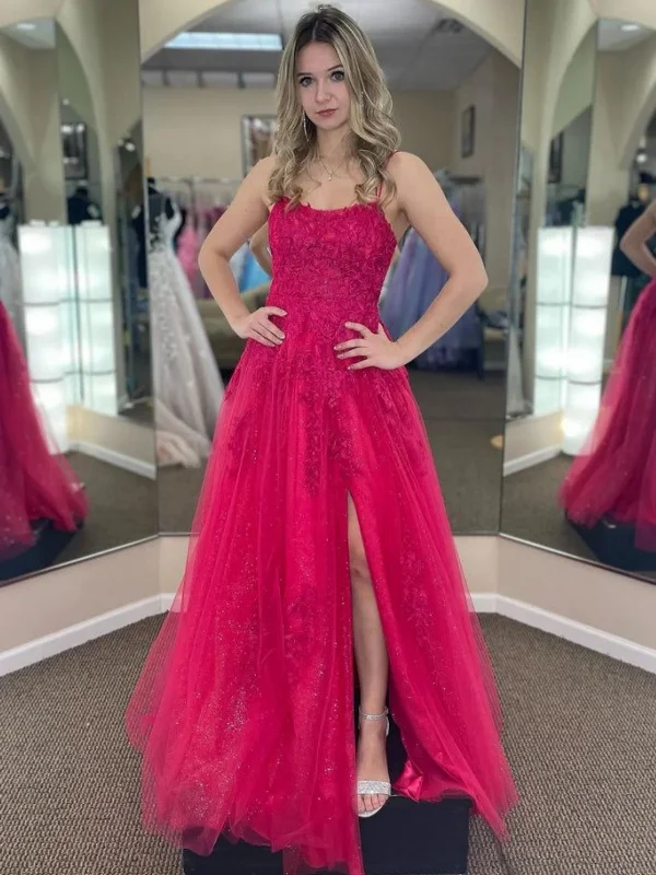 bridesmaid party dressesA Line Open Back Hot Pink Lace Long Prom Dresses with High Slit, Hot Pink Lace Formal Graduation Evening Dresses SP2904