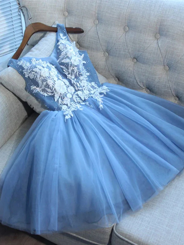 short party dressesCute V Neck Beaded Blue Prom Dresses with Lace Appliques, Blue Lace Homecoming Dresses, Short Blue Formal Graduation Evening Dresses SP2714