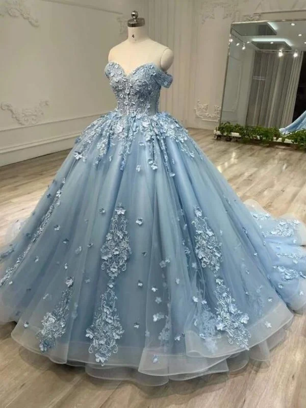 stretchy party dressesOff Shoulder Dusty Blue Lace Floral Long Prom Dresses, Dusty Blue Formal Evening Dresses, Floral Ball Gown SP2898