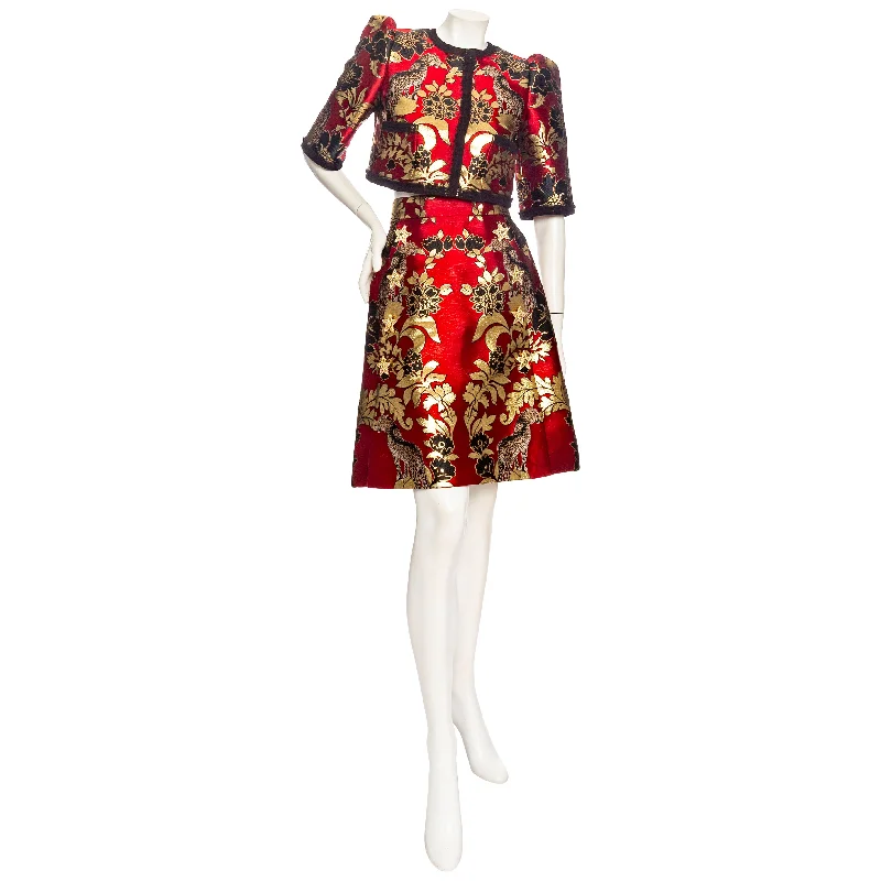 women's elastic-waisted skirts for pregnancyGold and Red Leopard Motif Jacquard Jacket and Skirt Set