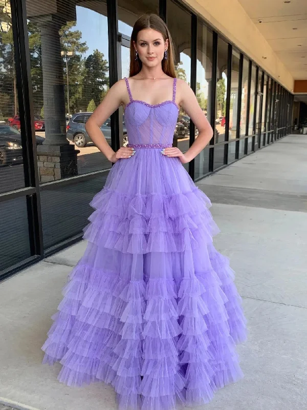 plus-size friendly party dressesA Line Sweetheart Neck Beaded Straps Lilac/Black Long Prom Dresses, Lilac/Black Layered Tulle Formal Evening Dresses SP2979