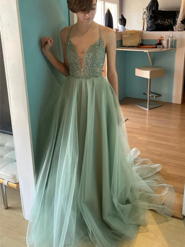 halter-neck party dressesA Line V Neck Backless Sage Lace Long Prom Dresses, Sage Lace Formal Dresses, Sage Evening Dresses SP2948