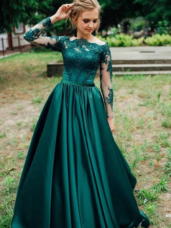 plus-size party dressesGreen Long Sleeves Lace Satin Long Prom Dresses, Green Lace Formal Dresses, Green Lace Evening Dresses