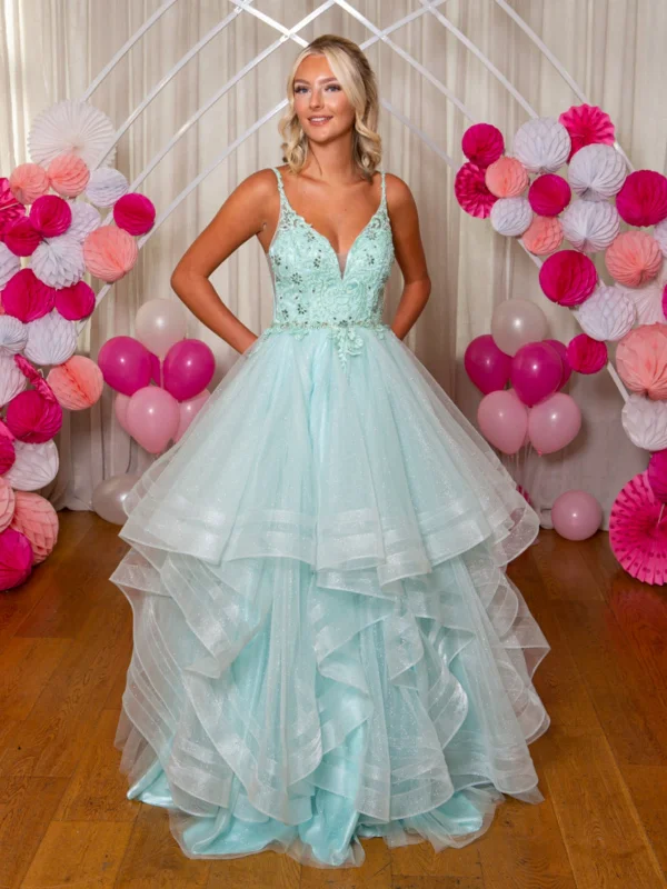 lace party dressesV Neck Fluffy Mint Green Lace Long Prom Dresses, Mint Green Lace Formal Evening Dresses, Mint Green Ball Gown SP2882