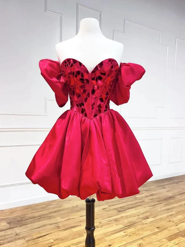 elegant party dressesOff Shoulder Red Sequin Short Prom Dresses, Off the Shoulder Homecoming Dresses, Red Formal Graduation Evening Dresses SP2715