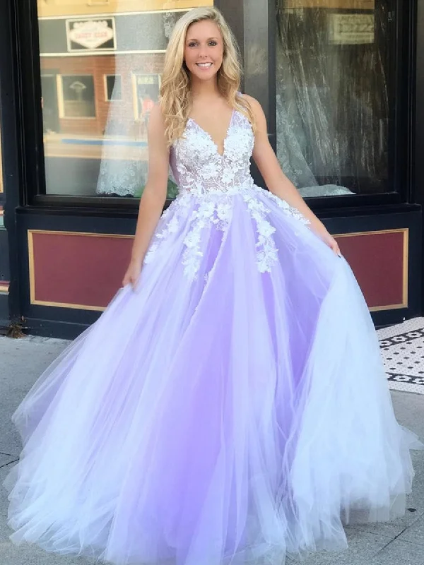 one-shoulder party dressesV Neck Open Back White Lace Appliques Top Purple Tulle Long Prom Dresses, Lace Purple Formal Dresses, Evening Dresses 2019