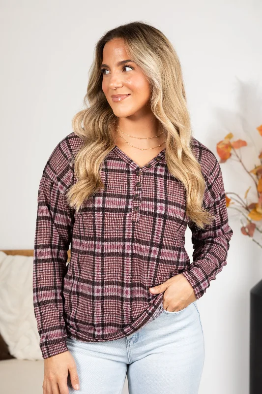 women's long sleeve tops made of synthetic fiberBerry Plaid Long Sleeve Top With Button Detail