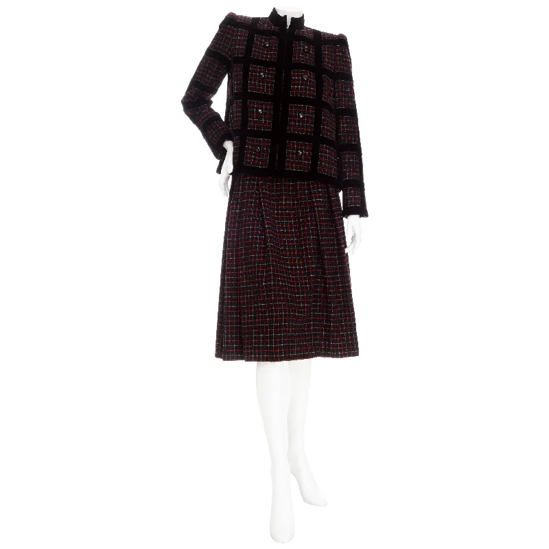 women's stretchy maxi skirts for dancing1982 Haute Couture Black and Red Wool Checkered Two-Piece Skirt and Jacket Suit