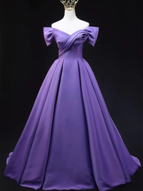 metallic party dressesOff Shoulder Purple Satin Long Prom Dresses, Off the Shoulder Formal Dresses, Purple Evening Dresses SP2916