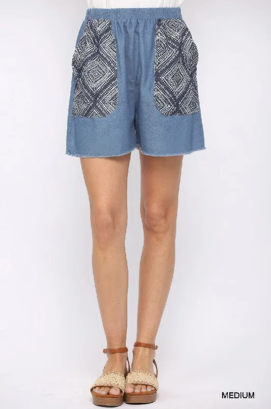 women's mini shortsFASHNZFAB Denim And Print Pockets Elastic Waist Shorts With Raw Hem