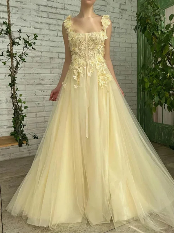 neon party dressesA Line Yellow Lace Floral Long Prom Dresses, Yellow Formal Evening Dresses with Lace Appliques SP2987