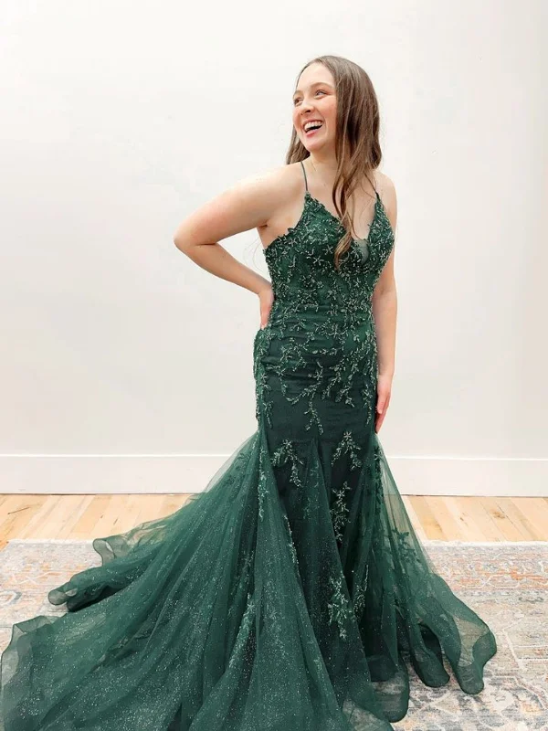 midi party dressesV Neck Mermaid Green Lace Long Prom Dresses with Train, Mermaid Green Formal Dresses, Green Lace Evening Dresses SP2961