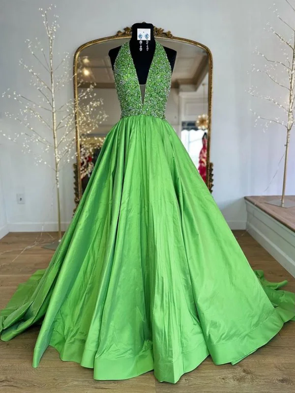 black-tie party dressesHalter V Neck Backless Beaded Green Long Prom Dresses, Long Green Formal Graduation Evening Dresses with Sequins SP3013