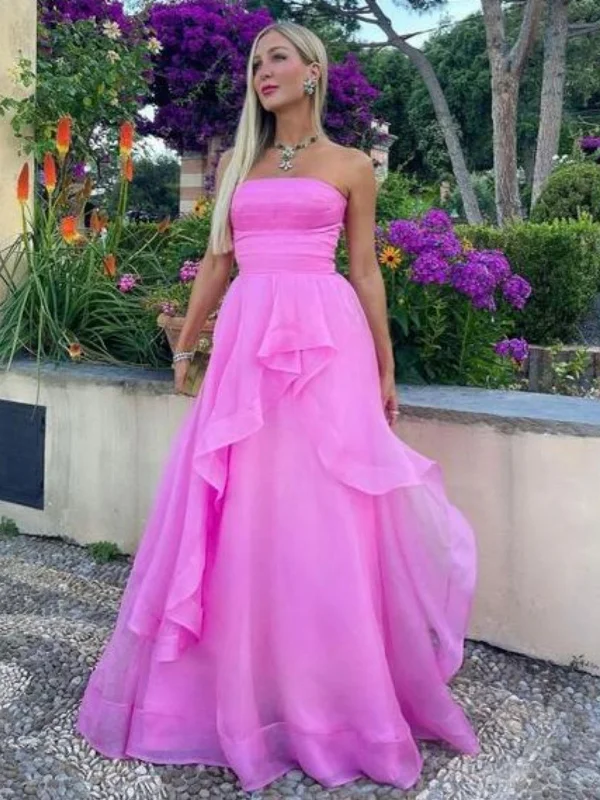 chiffon party dressesStrapless High Low Pink Tulle Long Prom Dresses, Long Pink Formal Graduation Evening Dresses SP2875