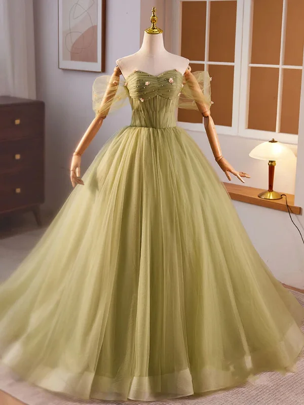 homecoming party dressesOff Shoulder Green Tulle Floral Long Prom Dresses, Off the Shoulder Green Formal Evening Dresses, Green Evening Dresses with 3D Flowers SP2932