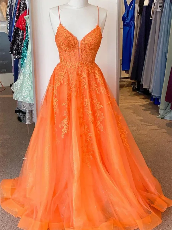 high-low party dressesA Line V Neck Orange Lace Long Prom Dresses, Orange Lace Formal Dresses, Orange Evening Dresses SP2943