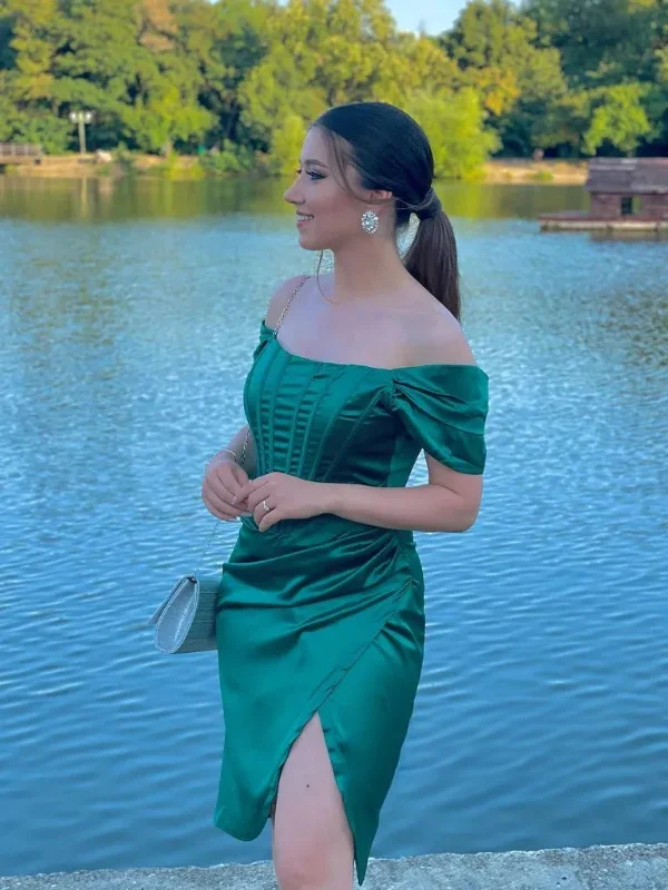 one-shoulder party dressesOff Shoulder Green Satin Short Prom Dresses, Mermaid Green Homecoming Dresses, Off the Shoulder Green Formal Evening Dresses SP2746