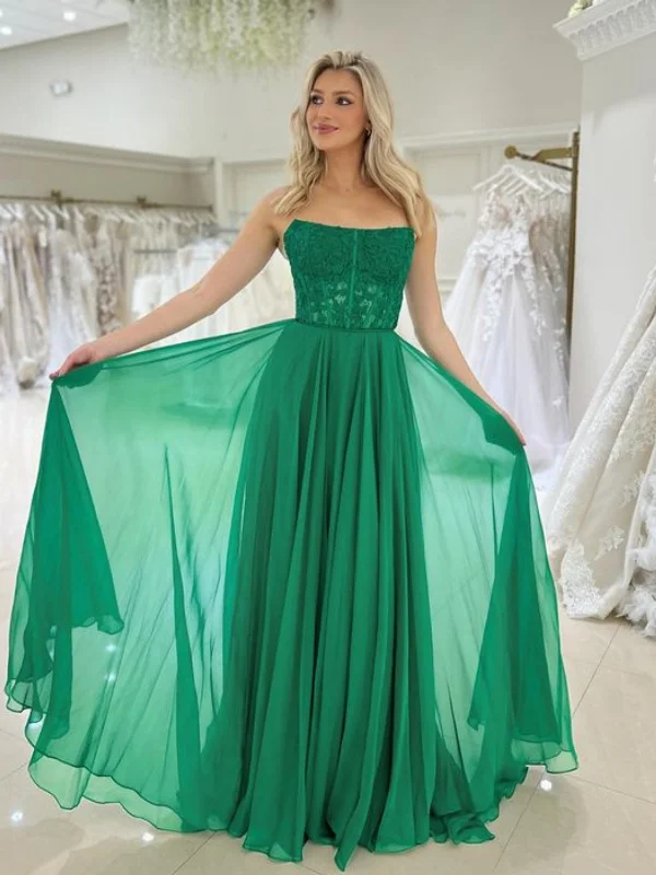 chic party dressesStrapless Green Lace Long Prom Dresses, Green Lace Formal Dresses, Long Green Evening Dresses SP2967