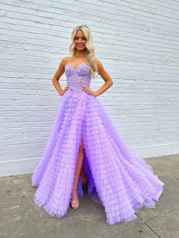 stretchy party dressesStrapless Ruffle Purple Lace Long Prom Dresses with High Slit, Purple Lace Formal Dresses, Long Purple Evening Dresses SP3042