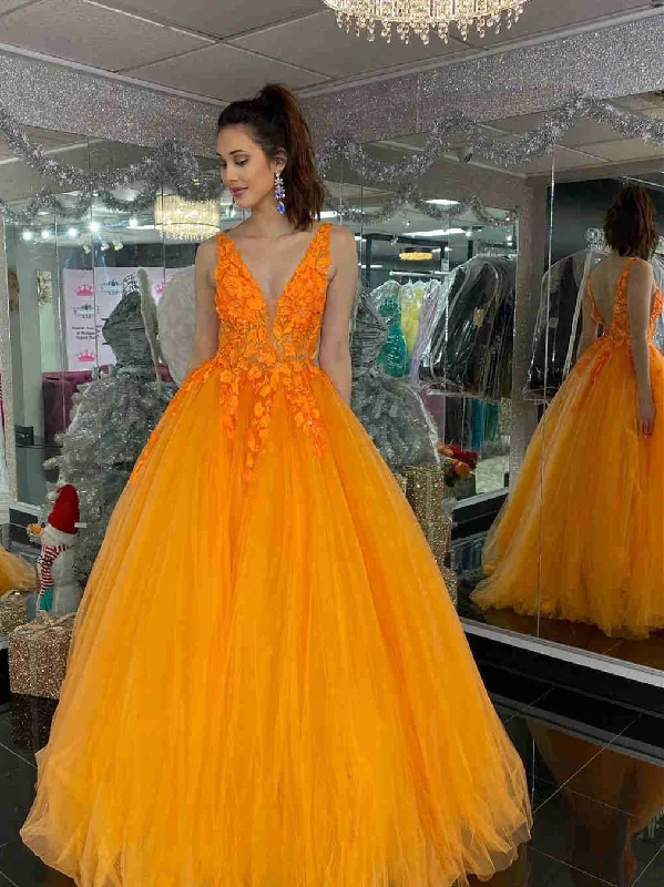 bold color party dressesV Neck and V Back Orange Lace Long Prom Dresses, Orange Lace Formal Evening Dresses