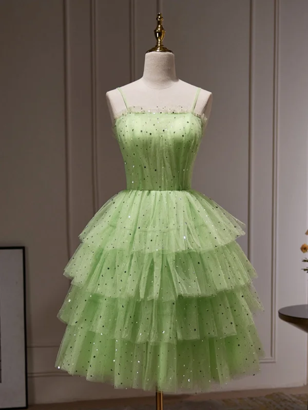 peplum party dressesPrincess Short Green Tulle Prom Dresses with Sequins, Layered Green Homecoming Dresses, Short Green Formal Graduation Evening Dresses SP2705