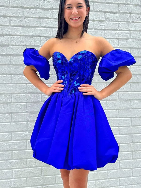 vintage party dressesStrapless Mirror Sequins Royal Blue Short Prom Dresses, Royal Blue Mirror Sequins Homecoming Dresses, Royal Blue Formal Graduation Evening Dresses SP2784