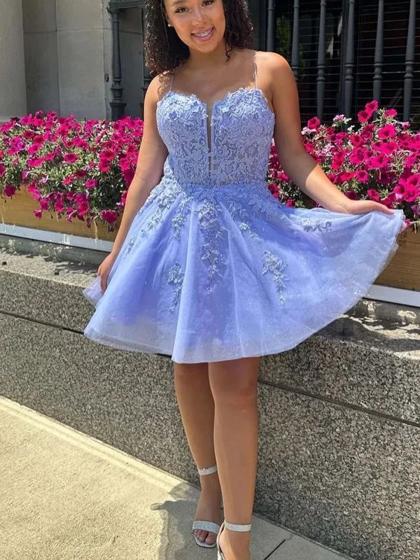 illusion-sleeve party dressesPrincess V Neck Open Back Light Blue Lace Prom Dresses, Light Blue Lace Homecoming Dresses, Short Blue Formal Evening Dresses SP2974