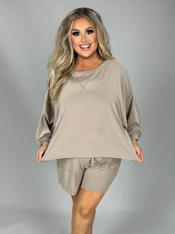 women's long sleeve tops with body-hugging silhouettes21 SET-L {The Good Life} Mocha Long Sleeve Short Set Plus Size 1X 2X 3X