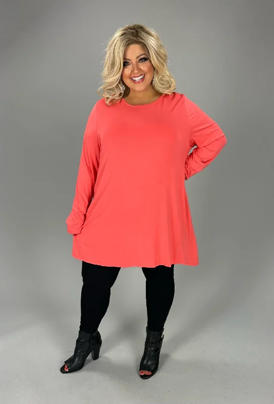 women's long sleeve tops with moisture-wicking material87 SLS {Free Your Minds} Coral Long Sleeve Tunic PLUS SIZE 1X 2X 3X