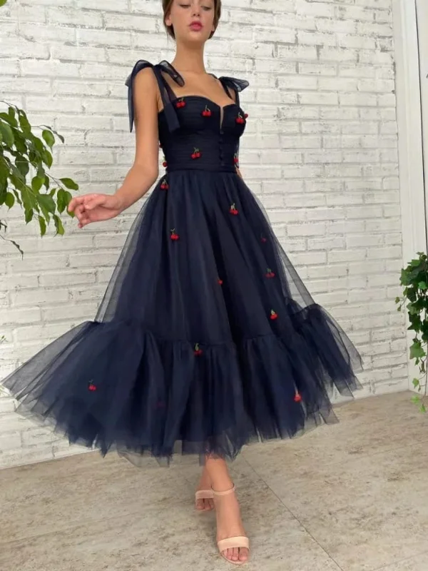 themed party dressesPrincess Navy Blue Tulle Tea Length Prom Dresses with Appliques, Navy Blue Homecoming Dresses, Floral Formal Evening Dresses SP2732