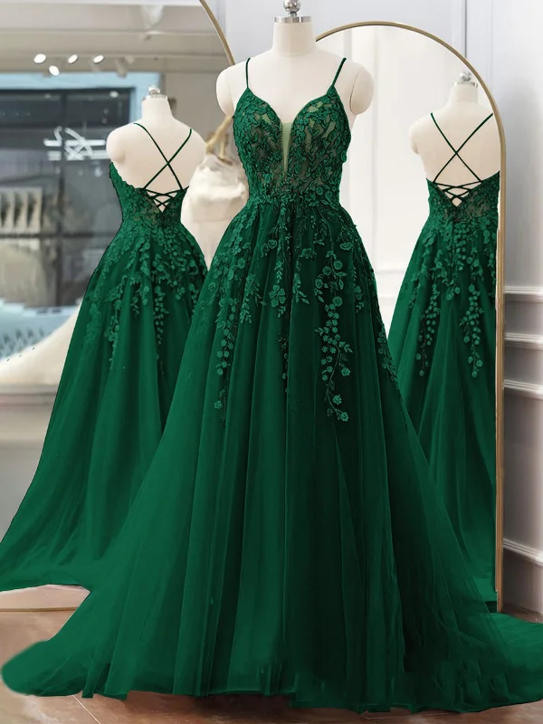 breathable party dressesOpen Back V Neck Green Lace Floral Long Prom Dresses, Green Lace Formal Dresses, Green Evening Dresses SP2676