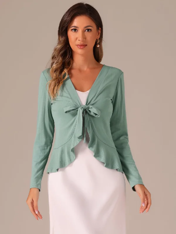 women's long sleeve tops made of silkWomen's Tie Front Ruffled Long Sleeve Open Cardigan Shrugs