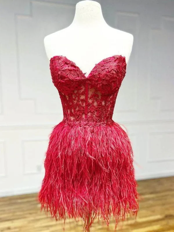 minimalist party dressesStrapless Beaded Burgundy/Pink/Black Lace Feather Short Prom Dresses, Burgundy/Pink/Black Lace Homecoming Dresses, Burgundy/Pink/Black Formal Graduation Evening Dresses SP2782