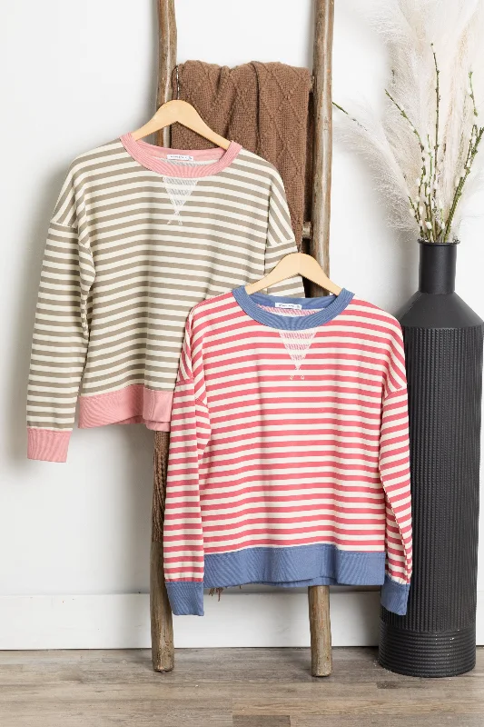 women's long sleeve tops with hidden buttonsCrewneck Stripe Long Sleeve Knit Top