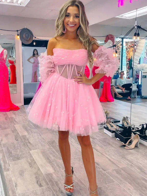 peplum party dressesPrincess Strapless Short Pink Prom Dresses with Sleeves, Pink Short Homecoming Dresses, Pink Formal Evening Dresses SP2972