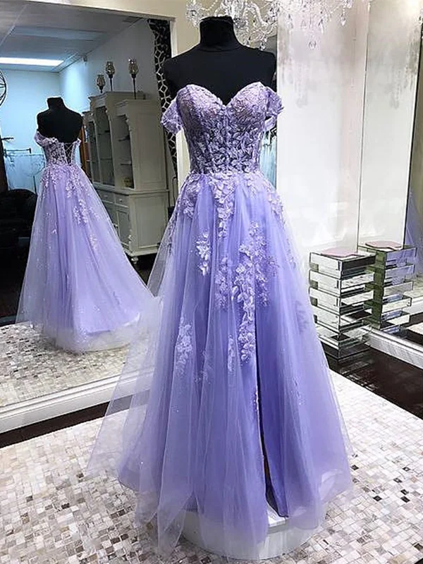 metallic party dressesOff Shoulder Lavender Lace Long Prom Dresses, Lilac Lace Formal Dresses, Purple Evening Dresses SP2168