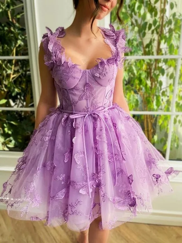 holiday party dressesPrincess Purple Lace Floral Short Prom Dresses, Lilac Homecoming Dresses with Appliques, Purple Formal Graduation Evening Dresses SP2734