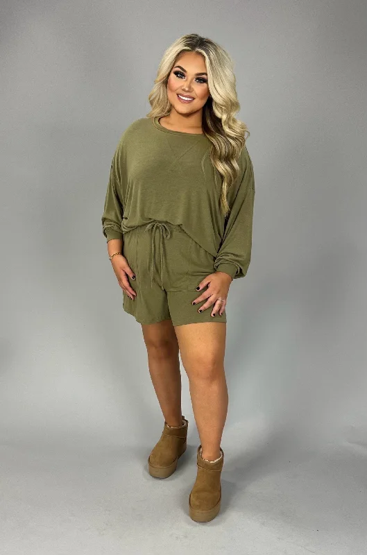 women's long sleeve tops with relaxed fits21 SET-K {The Good Life} Light Olive Long Sleeve Short Set PLUS SIZE 1X 2X 3X