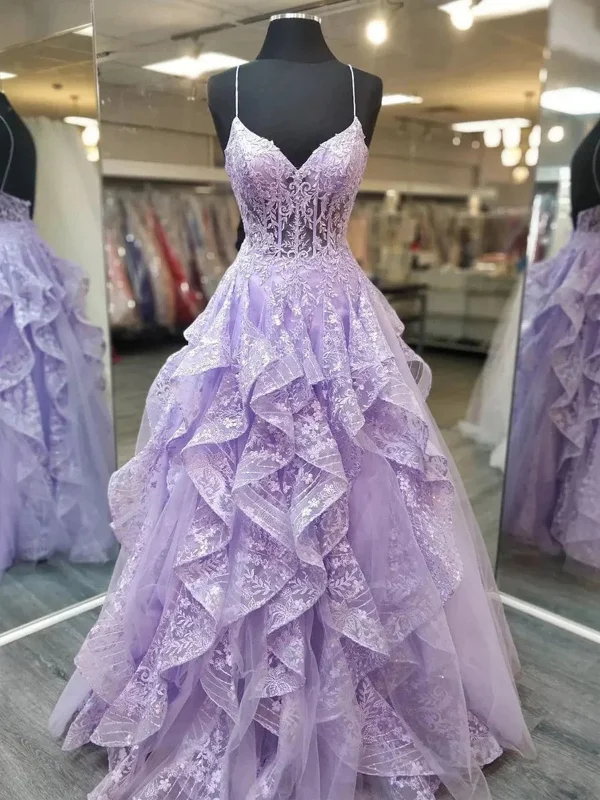 Halloween party dressesA Line V Neck Fluffy Lilac Lace Long Prom Dresses, Lilac Lace Formal Dresses, Purple Evening Dresses SP2922