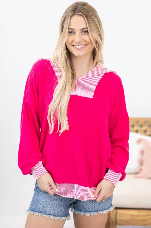 women's long sleeve tops with international brandingHot Pink Long Sleeve Rib Detail Knit Top