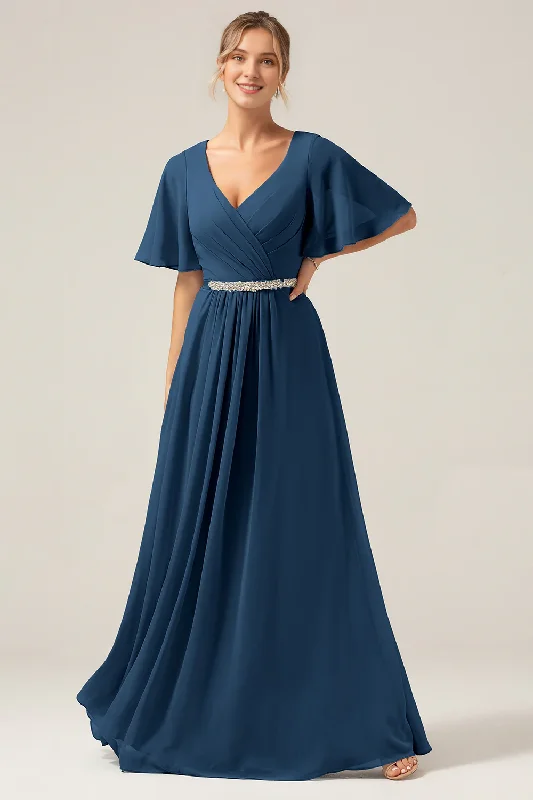 women's midi skirtsNavy blue A-line V-neck chiffon short sleeved and floor length skirt