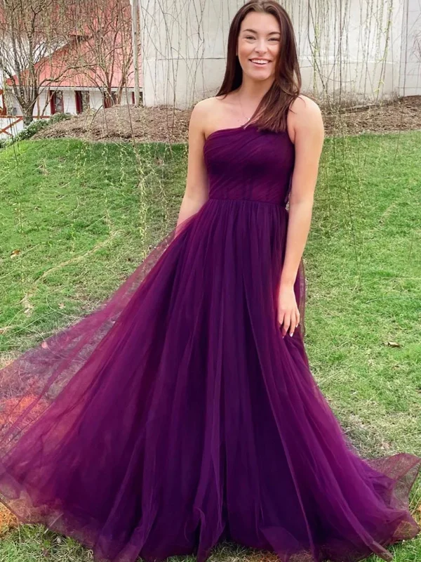 lace-up party dressesOne Shoulder Purple Tulle Long Prom Dresses, Long Purple Formal Graduation Evening Dresses SP2947