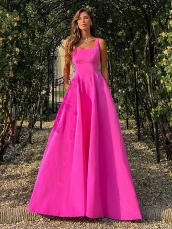 flashy party dressesA Line Hot Pink Satin Long Prom Dresses with Pocket, Long Hot Pink Formal Graduation Evening Dresses SP2897