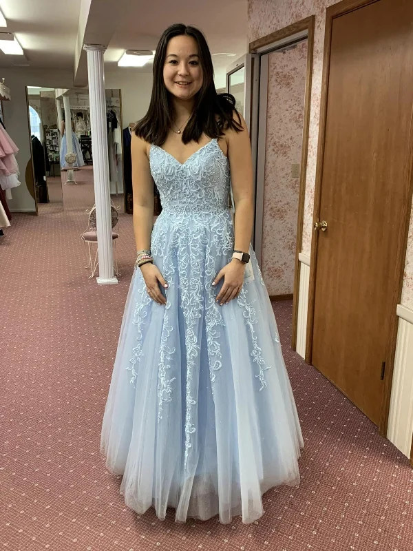 tall party dressesA Line V Neck Backless Light Blue Lace Long Prom Dresses, Light Blue Lace Formal Dresses, Light Blue Evening Dresses SP2935