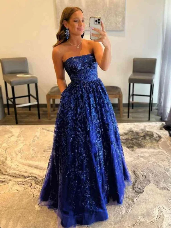 illusion-sleeve party dressesStrapless Navy Blue Lace Long Prom Dresses with Pocket, Navy Blue Lace Formal Dresses, Navy Blue Evening Dresses SP2877