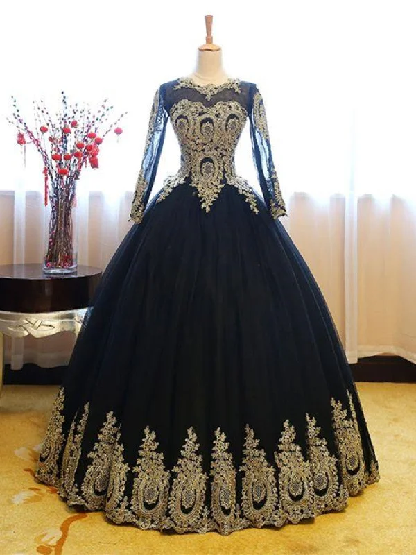 tall party dressesLong Sleeves Gold Appliques Long Lace-up Pink Black Ball Gown Prom Dresses, Formal Dresses, Evening Dresses