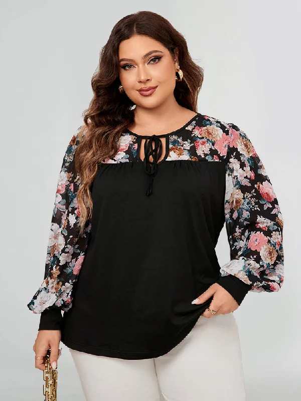 women's long sleeve tops with cold-shoulder designsFloral Print Long Sleeve Tie Neck Tee