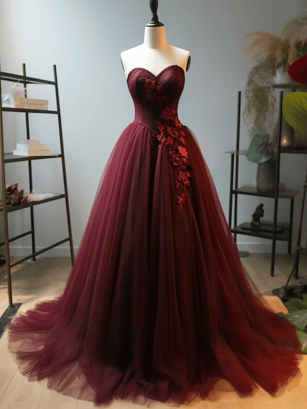 asymmetrical party dressesStrapless Burgundy Tulle Long Prom Dresses with Appliques, Long Wine Red Formal Graduation Evening Dresses SP2944