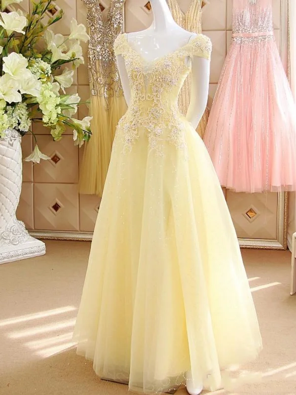 silk party dressesOff Shoulder Beaded Yellow Lace Long Prom Dresses, Yellow Lace Formal Dresses, Yellow Evening Dresses SP2939